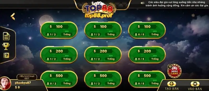Game bài sâm TOP88 được chơi từ 2-4 người/ván